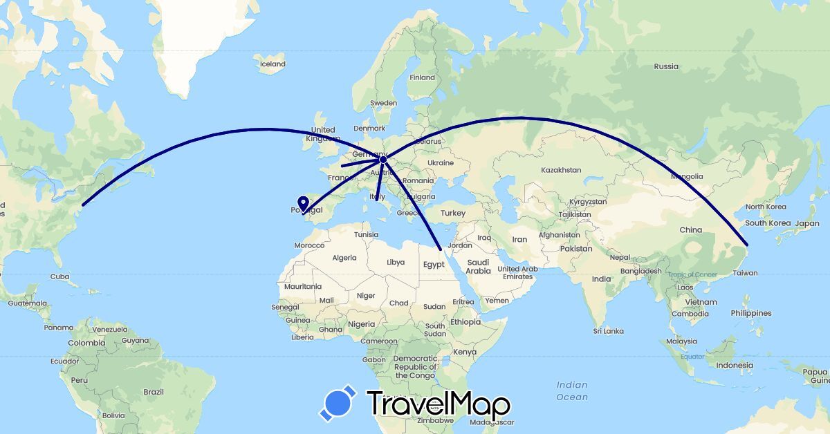 TravelMap itinerary: driving in China, Czech Republic, Egypt, France, Italy, Portugal, United States (Africa, Asia, Europe, North America)
